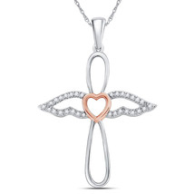 Sterling Silver Rose-tone Round Diamond Angel Heart Cross Pendant 1/8 Cttw - £62.76 GBP