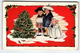 Christmas Postcard Boy Girls Muff Hand Warmer Whitney Vintage Embossed 1916 - £14.50 GBP