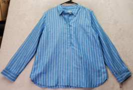 Talbots Shirt Womens Large Blue Pinstripe Linen Blend Long Sleeve Collar Popover - £21.76 GBP