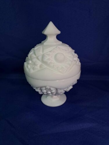 Primary image for Kemple Glass HOBSTAR & FAN Milk White Candy Dish w Cover 7¼” Pedestal.