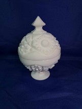 Kemple Glass HOBSTAR &amp; FAN Milk White Candy Dish w Cover 7¼” Pedestal. - $37.39