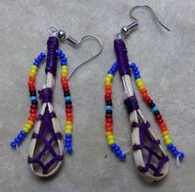 Native American HandMade Dangle Beaded Ball Stick Earrings Seminole Purple - £22.01 GBP