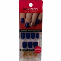 NEW Kiss Nails Impress Press On Manicure Short Gel Matte Navy Blue Gold Glitter - £9.49 GBP