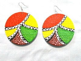 RASTA RED YELLOW GREEN BLACK WHITE REGGAE ROUND WOODEN EARRINGS 3 1/4&quot; DROP - $5.59 CAD