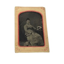 Antique Tintype Photo Victorian Seated Woman Pink Paper Frame 4&quot; - $14.85