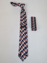 Mens Narrow Tie/Hankie Set Woven Vito Rofolo VTR-100 Rust Navy Checker image 2