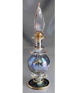 Hand Blown Egyptian Glass Etched Blue Gold Gilt Perfume Bottle w/ Dauber - £11.78 GBP