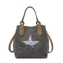 Canvas Sequin Star Handbag - Dark Grey - $46.15