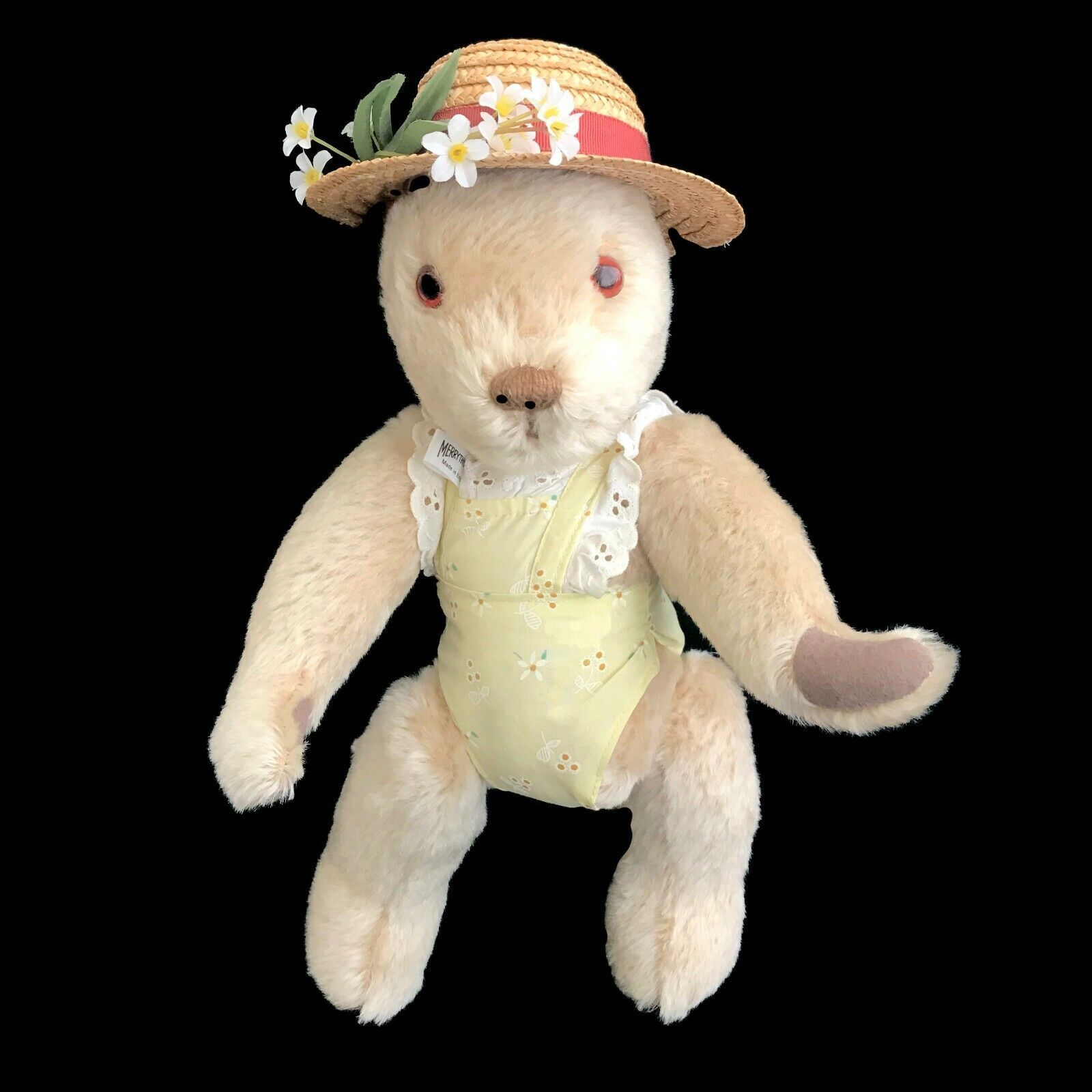 Primary image for Vintage Merrythought Articulated Teddy Bear Stumpy Legs Tagged Floral Romper 15"