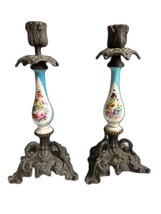Pair of antique French cast iron candle ormolu porcelain holders, tulips... - $164.64
