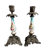 Pair of antique French cast iron candle ormolu porcelain holders, tulips... - $3,030.61 MXN