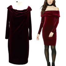 NEW Calvin Klein Womens 16 Velvet Sheath Dress Off Shoulder Wine Maroon Stretch - £57.88 GBP