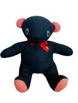 Denim Plush Texas Teddy Bear  Big Eyes And Checkered Ears / Feet Red Bow Sitting - £24.84 GBP