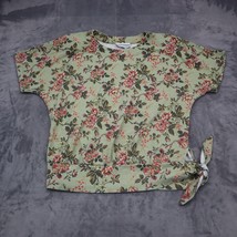 Cathy Daniels Shirt Womens L Green Floral Short Sleeve Round Neck One Side Tie - £18.18 GBP