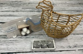 Woven Hen Basket, Fresh Eggs Prop Pack &amp; Cement Chicks 3 pk Lot of Hen Chicken - £20.10 GBP