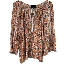 Cynthia Rowley Floral Blouse Womens 1X Keyhole Tie Neck Long Flare Sleeves Rayon - £10.66 GBP