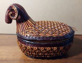 Shanghai Bamboo Ware Woven Lidded Basket Ram Aries 10x7 Brown Tan Beautiful - £48.16 GBP