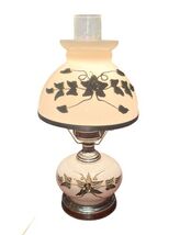Vintage Milk Glass Hurricane Table Lamp Floral Brass Base Works 16.75” image 2