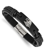 Stainless Steel Antiqued &amp; Polished Eagle Head Black Leather Bracelet - $1,659.20 MXN