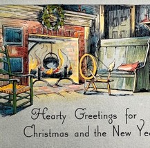 Christmas Victorian Style Greeting Card Lithograph 1920-1940 Fireplace P... - $19.99