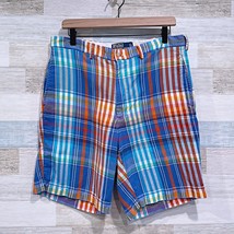 POLO Ralph Lauren Madras Plaid Chino Shorts Blue Orange 9&quot; Flat Front Me... - $44.54