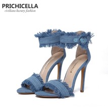 PRICHICELLA blue denim ankle strap high heel sandals genuine leather summer stil - £139.62 GBP