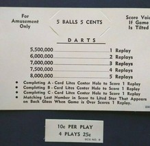Darts Vintage Pinball Game Original NOS Score Instruction Price Cards 19... - $19.79