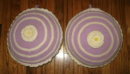 Vintage Hand Made Crocheted pillows violet &amp; white 13&quot; round - £31.97 GBP