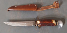 Vintage Pic Solingen Germany Genuine Stag Handle Knife with Sheath 4.75&#39;... - £44.65 GBP