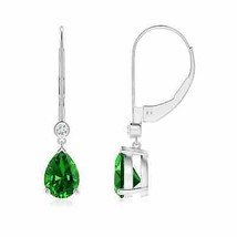 Lab-Grown Emerald Leverback Earrings with Diamond in 14K Gold (7x5mm, 1.75 Ct) - £805.58 GBP