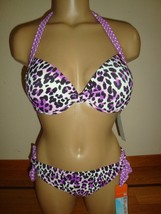 New In Moc EAN Jr 2 Pc Swimsuit PUSH-UP Halter TOP/BIKINI Bottom Purple Leopard L - £30.06 GBP