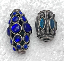 2 Vintage Metal w Rhinestone Studded Beads Lrg Cobalt 1" Peacock Blue Gr... - $12.38