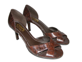 Chaps Women Kaylee Size 6.5 B Brown Leather 3&quot; Heels Open Toe Dress Pumps Shoes - £14.88 GBP