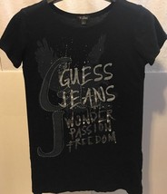 Guess Jeans Women's Black T-Shirt Silver Embellished Wonder Passion Freedom L - £17.79 GBP