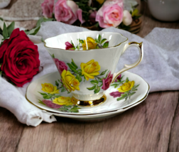 Queen Anne Pink Yellow Red Rose Teacup &amp; Saucer Fine Bone China Vintage Set - £44.00 GBP