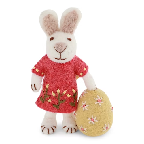 NWT Gry &amp; Sif Felt White EASTER Bunny with Melon Dress and Big Egg - $18.81