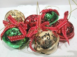 Christmas Balls Bells Grinch Green Red Gold Tree Ornaments Decor Set of 6 - £15.02 GBP