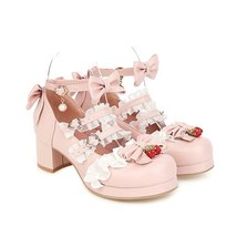 Ladies Sweet Cute Lolita Cosplay Strawberry Pumps Lace Square Toe 4cm Thick Heel - £41.64 GBP