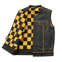 Men&#39;s Leather Vest With Yellow &amp; Black Checker Motorcycle Concealed Wais... - £55.04 GBP+