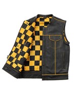 Men&#39;s Leather Vest With Yellow &amp; Black Checker Motorcycle Concealed Wais... - £55.08 GBP+