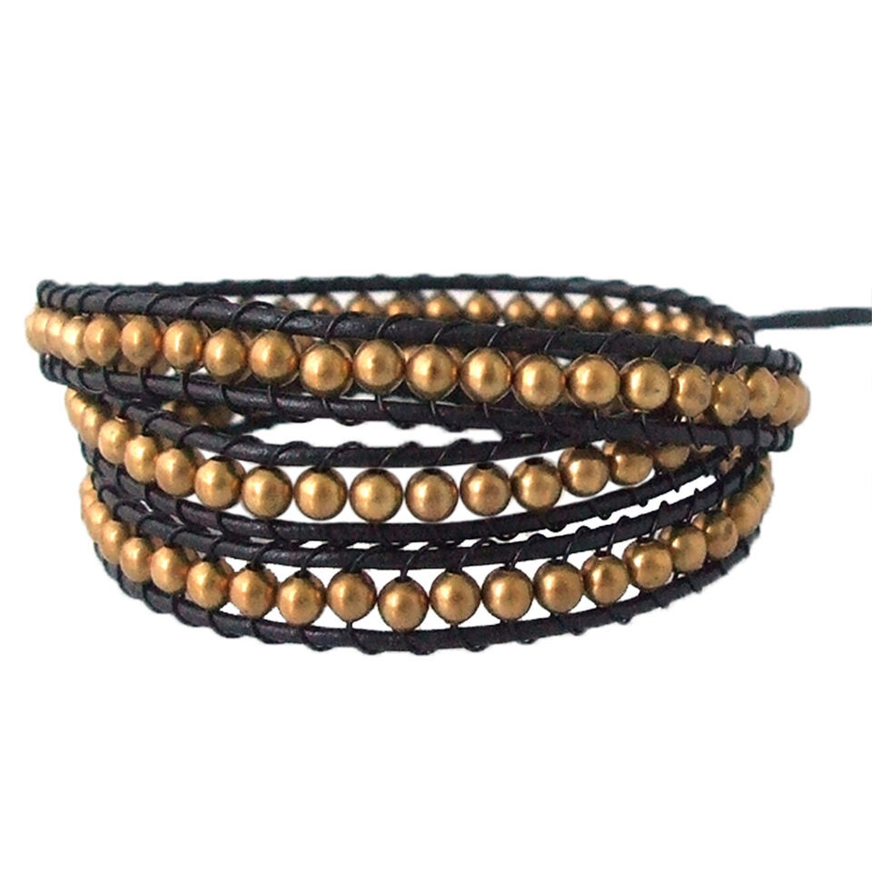 Fun and Trendy Round Brass Beads on Black Genuine Leather Wrap Bracelet - £14.94 GBP