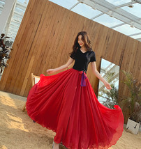 RED Floor Length Chiffon Skirt Outfit Women Plus Size Chiffon Maxi Skirt