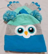 Winter Hat Gloves Set Girls Kids One Size Owl Tassel Cap NEW 2pc Pom Skully OSFM - £10.01 GBP
