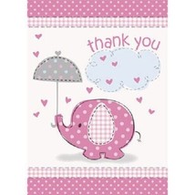 Umbrella Elephant Pink Girl Baby Shower 8 Thank Yous with Envelopes - £2.32 GBP