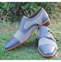 NEW Handmade Two Tone Blue Monk Shoes, Men&#39;s Suede Leather Double Monk Straps Sh - £122.27 GBP