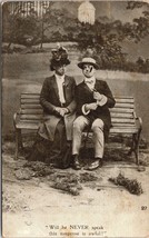 Postcard Couple Sitting on Bench Will he Never Speak posted 1907 - $5.83