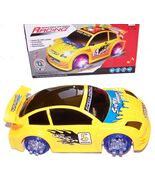 YELLOW BATTERY OPERATED BUMP AND GO RACE CAR light up racing toy flashin... - $13.59