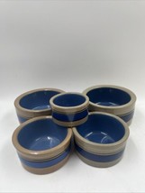 Vintage Bretby Set 5 Crock Blue Beige Stripe Stoneware Pottery Bowls - $95.77
