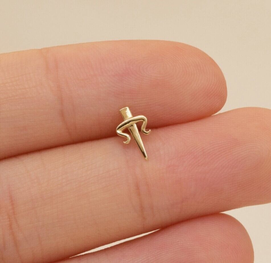 14K Solid Gold Dagger Stud Earrings For Women Cute Sword Piercings Jewelry. - $205.85