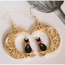 Black Cat on Crescent Moon Earrings Dangle Drop Gothic Earrings - £7.71 GBP